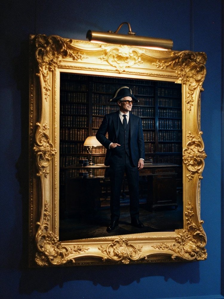 Retrato do Napoleão Riu segurando o livro, pendurado numa moldura de ouro com lampião de galeria, na parede azul do Gabinete
